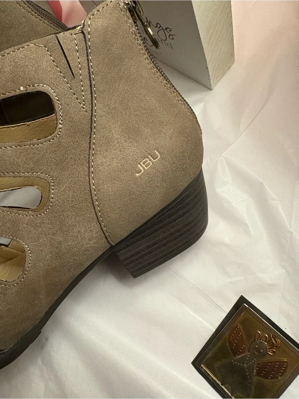JBU Taupe Cutout Strappy Block Heel Ankle Boots